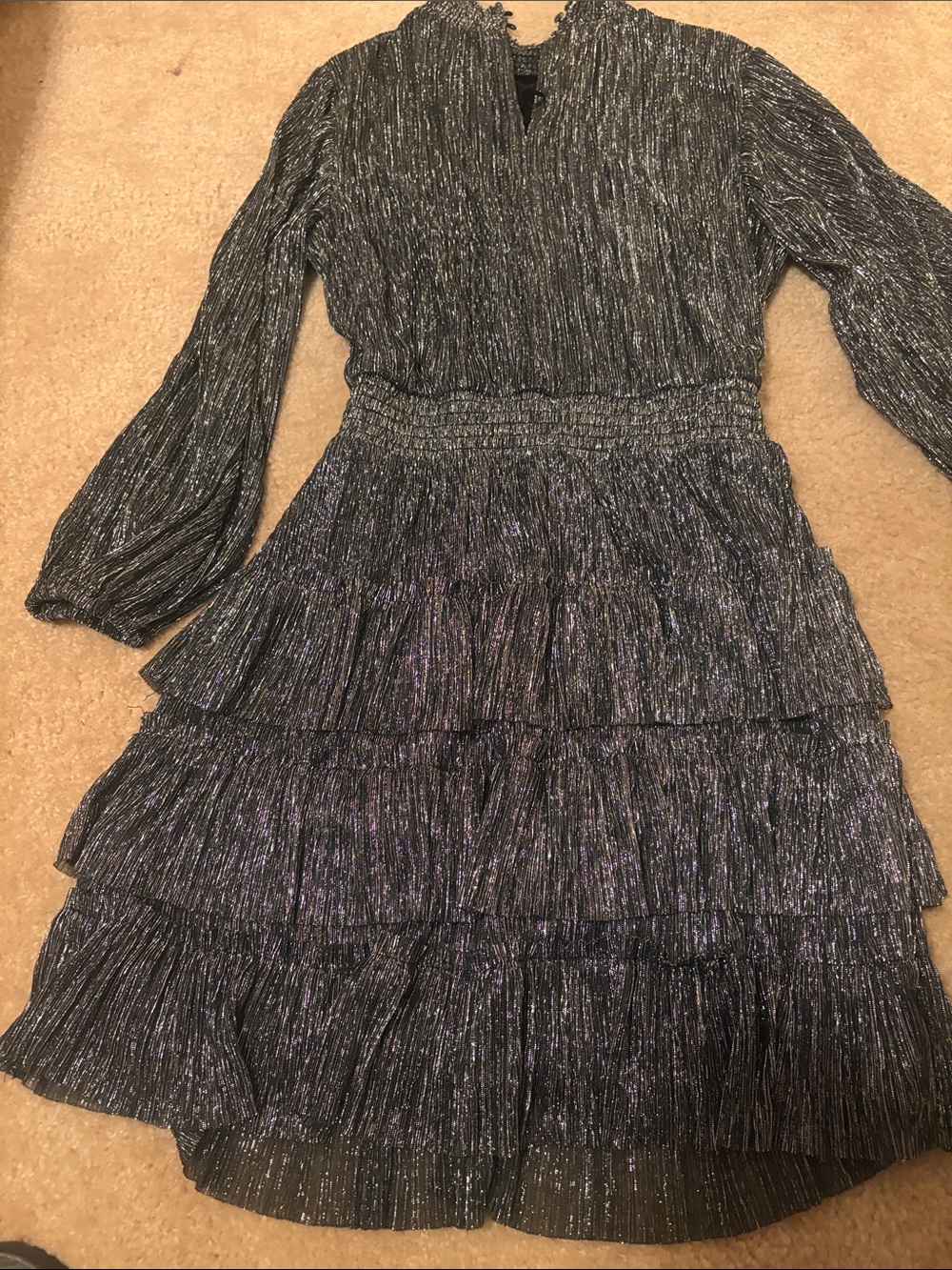 MSK Women's Metallic lined Black Pleated Tiered Long-Sleeve Dress - Picture 2 of 4